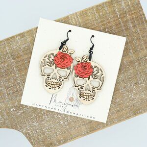 Finished Maple Skull Earrings with Handpainted Rose | Day of the Dead Jewelry |